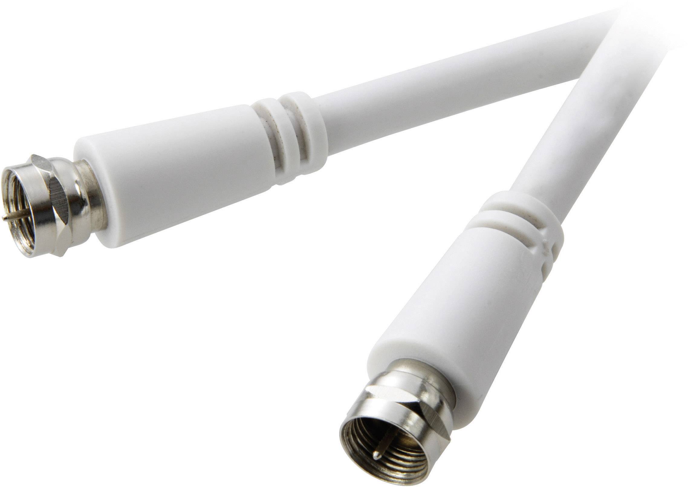 A white coaxial cable with metal connectors at both ends, used for connecting televisions or aerials.