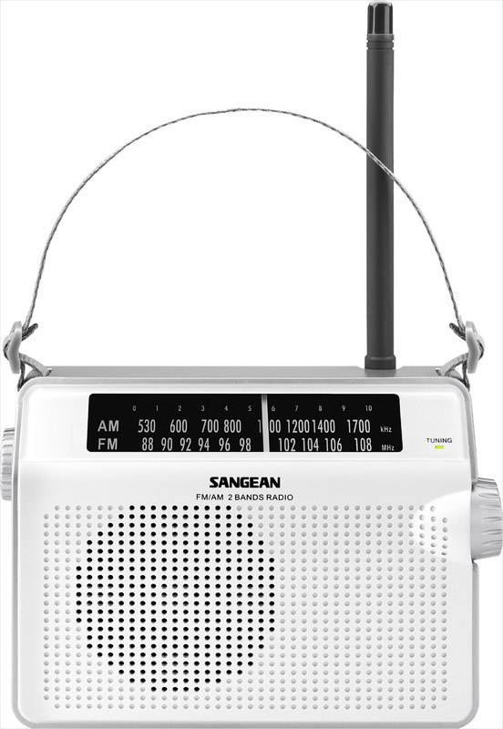 A portable radio with AM/FM reception, frequency tuning dial, large speaker at the front and extendable aerial on top.