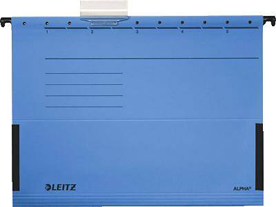 Blue hanging file folder with 'Leitz Alpha' printed label, visible lines for annotations and printed numbers from 1 to 6 at the top.