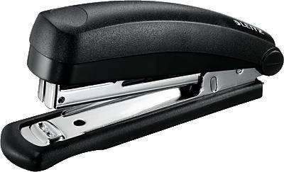 A black stapler on a light background shows its metal staples and can hold paper sheets together.