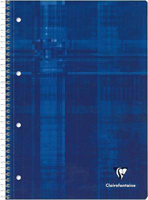 A blue spiral-bound notebook with a patterned front cover and the 'Clairefontaine' logo positioned bottom right.