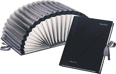 A black, fold-out ring binder with dividers is shown on the left, next to a closed, also black notebook.