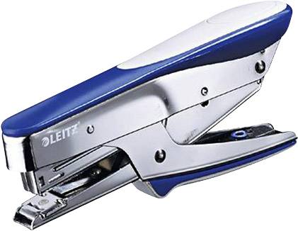 A silver and blue stapler with a brand name, for fastening stacks of paper.