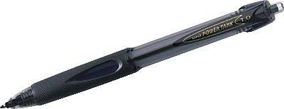 A black ballpoint pen with a rubberised grip and metal clip lies at an angle.