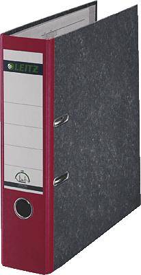 A red file folder with a white label on the side and a metal grip hole at the bottom front.