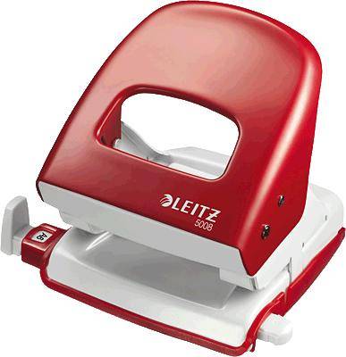 Red and white hole punch from the 'Leitz 5008' brand on a white background.