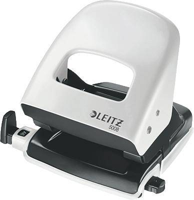 Leitz punch, model 5008, in white and black. Suitable for punching paper for ring binders.