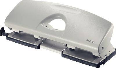 Grey Leitz hole punch with two holes, suitable for paper stacks. The robust construction provides stability and easy handling.