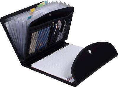 An open folder with multiple sections and a notepad. The sections contain coloured dividers, a few pens, and small accessories.