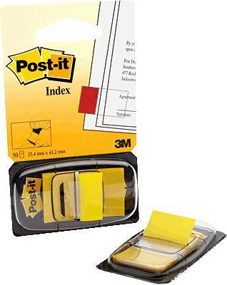 Yellow Post-it index tabs in a pack. The tabs are rectangular and self-adhesive, for marking documents.