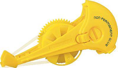 Yellow roller adhesive in the shape of a gear wheel with the inscription 'non-permanent glue'.