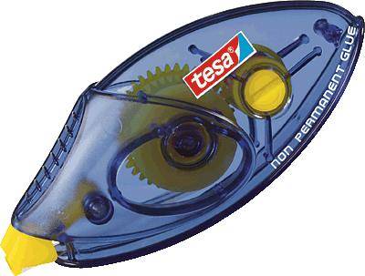 Blue adhesive roller by 'tesa' brand with a yellow wheel and tip for non-permanent adhesive application.