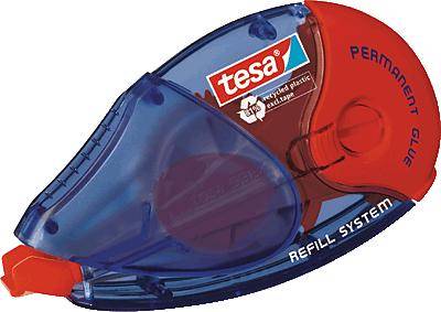 Tesa adhesive roller, blue and red, labelled 'Permanent Glue' and 'Refill System'. Suitable for permanent bonding.