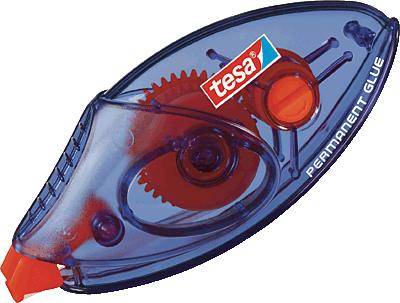 A transparent adhesive roller by 'tesa', labelled with 'Permanent Glue', in a blue casing, with the mechanism and gears visible.