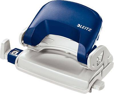 A blue Leitz hole punch, suitable for A4 paper, is resting on a white surface.