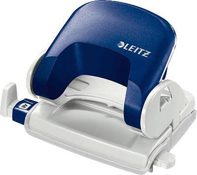 Hole punch in blue and white, Leitz brand, on a neutral surface. Office device for creating holes in paper for filing systems.