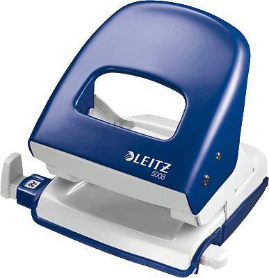 Blue Leitz hole punch on a white background.