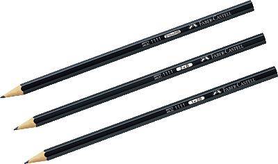 Three black Faber-Castell pencils lie parallel to each other on a white background.
