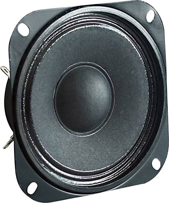 A black loudspeaker with a square frame and circular membrane, suitable for audio applications.