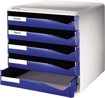White and blue filing system with five drawers. The top two drawers are labelled 'Activities' and 'Reports'. The bottom drawer is open.