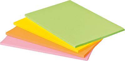 Four stacks of colourful sticky notes in pink, yellow, orange, and green layered on top of each other.