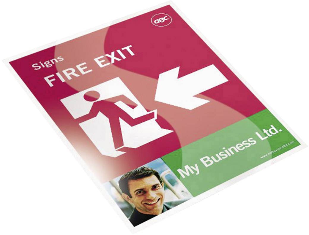 'Emergency exit sign with arrow pointing left and pictogram of a person running. Company logo 'My Business Ltd.' displayed below.'
