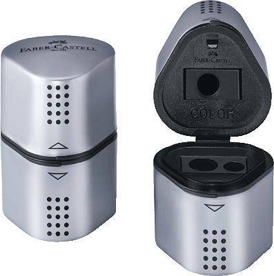 A silver pencil sharpener by Faber-Castell with a closed and open lid, showing two sharpening holes for different pencil sizes.