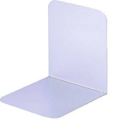 A single, silver metal bookend with a right-angled design, used for stabilising books on a shelf.