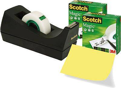 A black tape dispenser with a roll of tape beside it, two packs of 'Scotch Magic Tape' and a yellow sticky note.