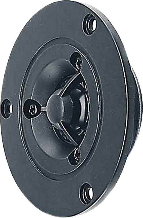 Round loudspeaker with a black enclosure and four screws. Key component for audio systems, used for sound reproduction.