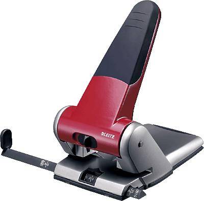 Punches in Red and Black with Lever Mechanism, Suitable for Punching Holes in Paper.
