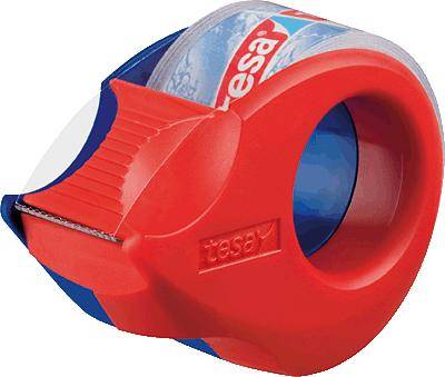 A red and blue tape dispenser from the brand 'tesa', with an integrated cutting blade.