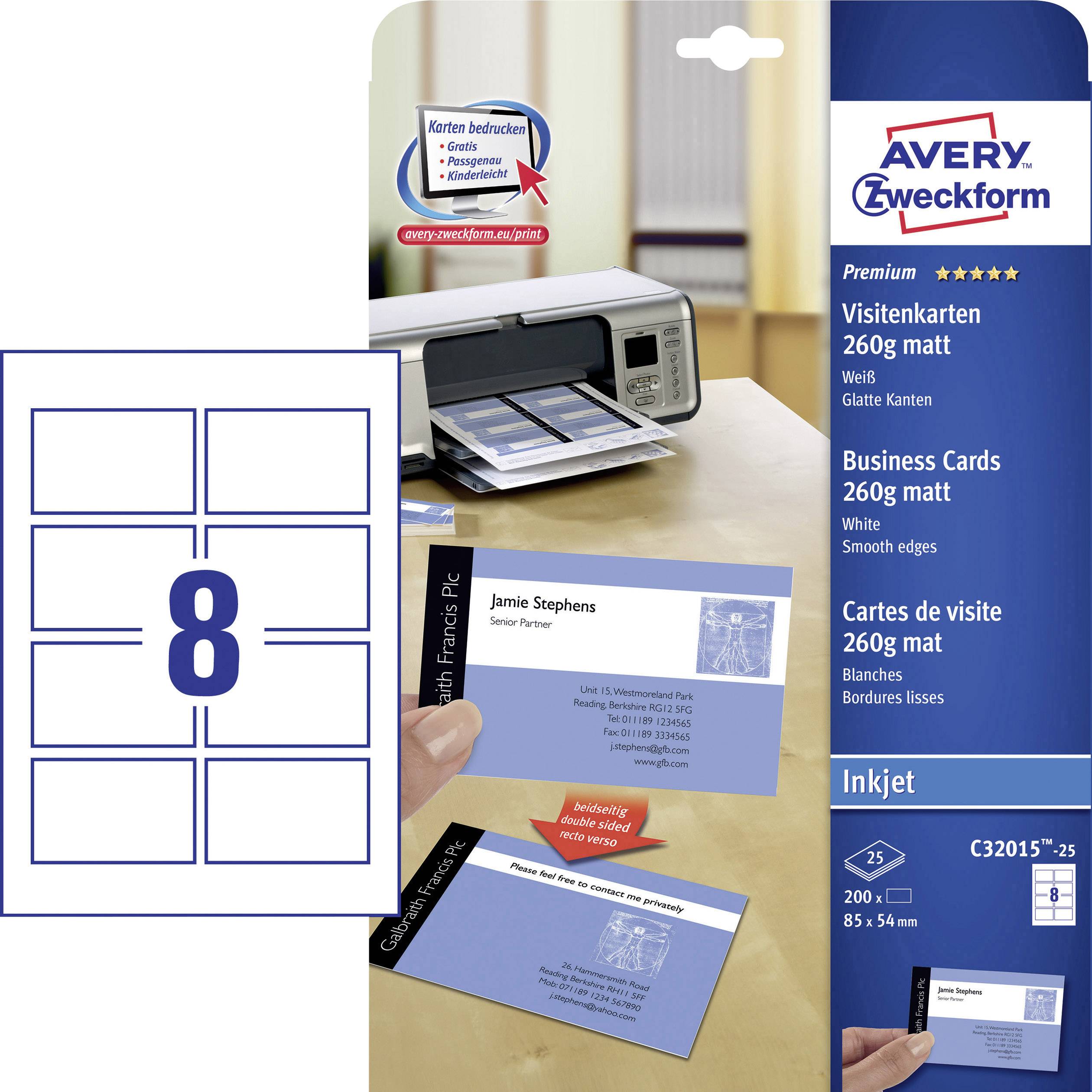 Packaging for Avery Zweckform Business Cards, 260gsm, 25 Sheets. Shows printer and printed business card with blue design.