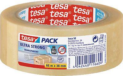 Clear 'tesa' adhesive tape roll with 'Ultra Strong' print. 66 m long, 38 mm wide. Packaging image shows cardboard boxes and weight symbols.