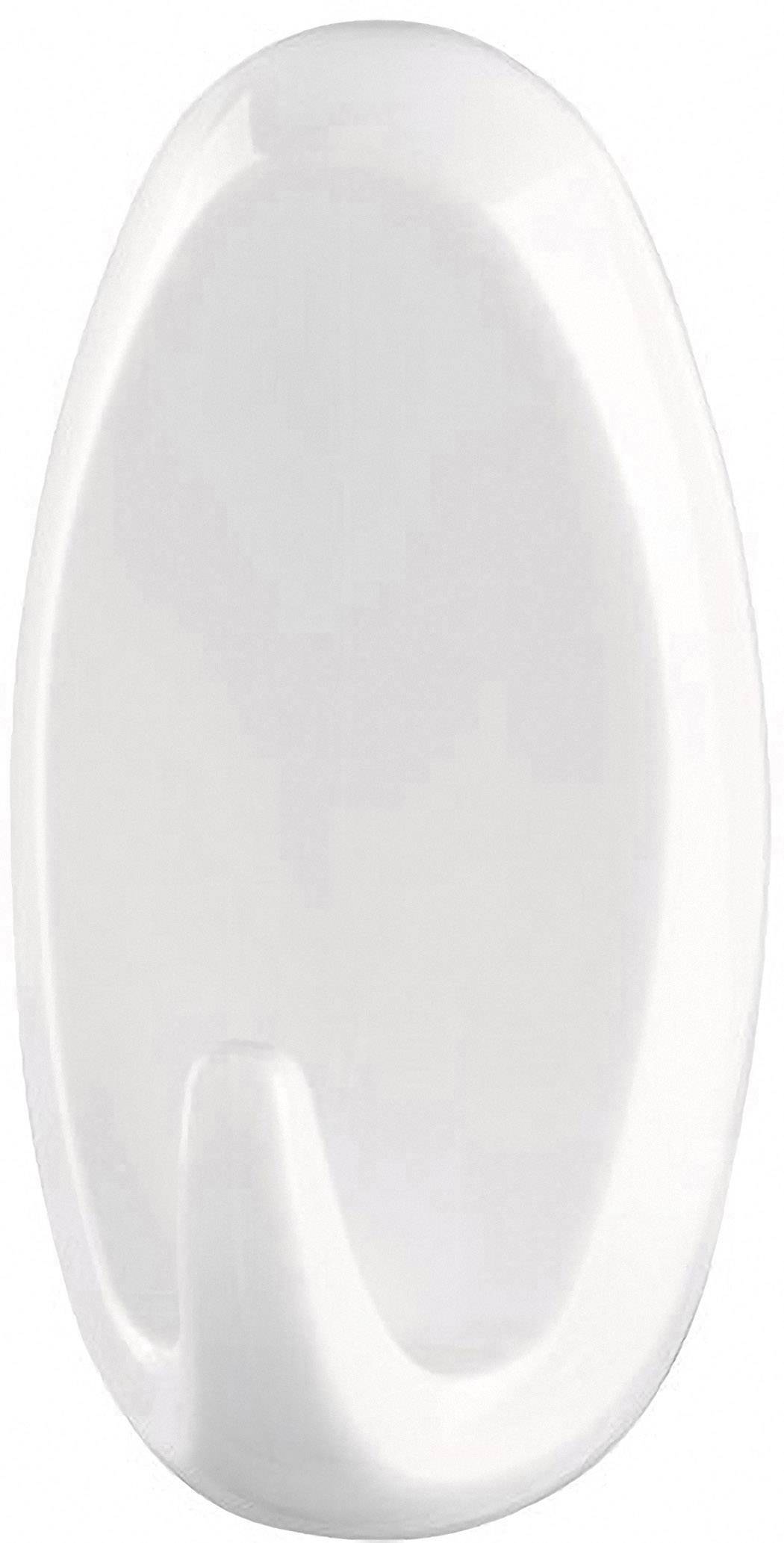A white, oval wall hook with rounded edges, suitable for hanging light items such as towels or clothing.