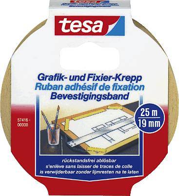 A roll of Tesa adhesive tape for graphics and fixing. On the packaging it says: 'Graphic and Fixing Masking Tape, 25m, 19mm'.