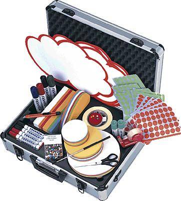 A suitcase containing various office and craft supplies, including markers, scissors, sellotape, notepads and colourful stickers.