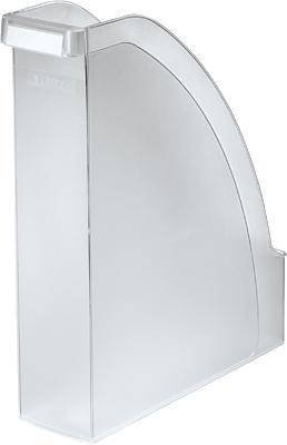 Transparent, curved plastic document storage folder, standing upright.