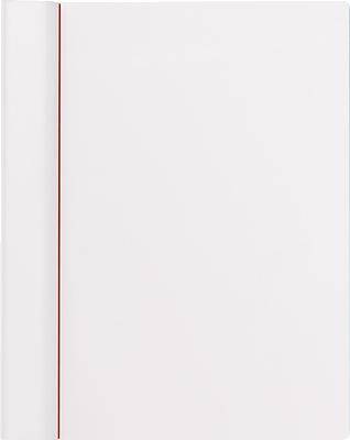 White notebook with a red bookmark on the left side.