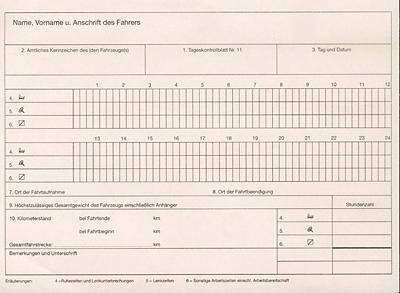 Diagram for passenger documentation with fields for driver name, date, mileage, and schedule. Table with 24-hour breakdown.