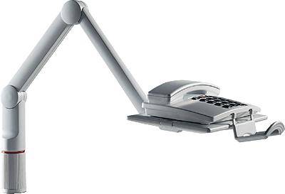 A silver telephone on a flexible arm holder, which can be attached to a wall or table, enables hands-free usage.