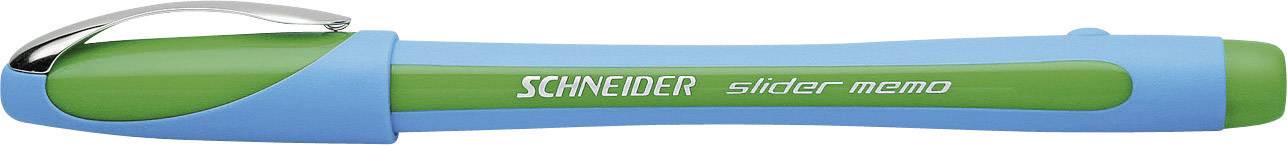 A blue ballpoint pen with a green grip, brand 'Schneider slider memo'.