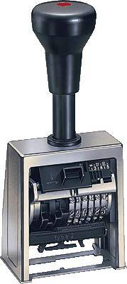 Stamp device with a long handle, open casing revealing gears and numbering, used for marking or numbering documents.