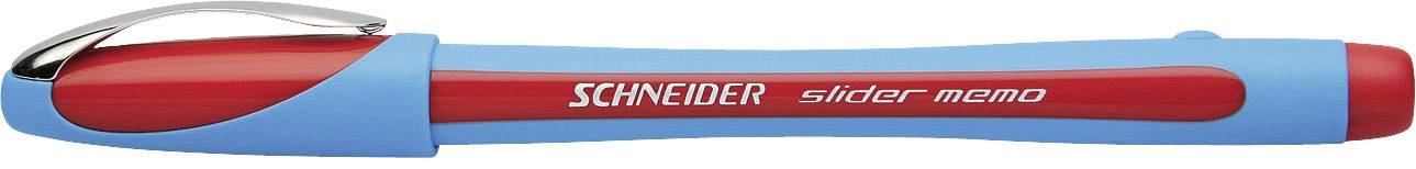 A blue and red ballpoint pen with the inscription 'SCHNEIDER slider memo', displaying its curved shape and design.