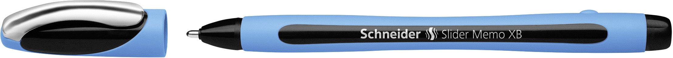 A blue ballpoint pen with a removable silver-coloured cap and black tip. 'Schneider' is written on the side.