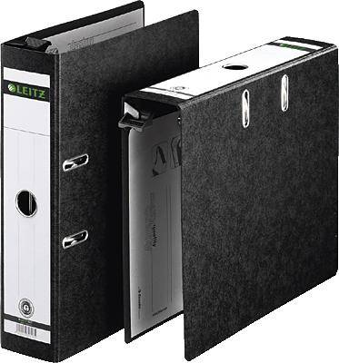 Two black ring binders, one open and one closed, with white labels and the 'Leitz' brand. The open binder shows loose sheets.