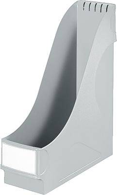 Grey, standing plastic magazine rack, ideal for storing magazines or documents.