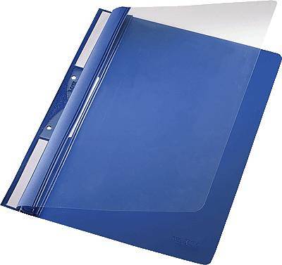 A blue lever arch file with a transparent cover flap, suitable for filing documents in a folder.