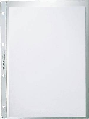 Clear plastic file sleeve by Leitz, made of transparent plastic with side opening and holes for filing in ring binders.