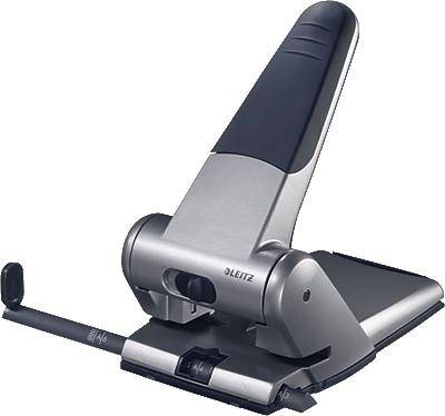 Hole punch on a white background. Ergonomic design with a black handle and silver casing, suitable for office work.